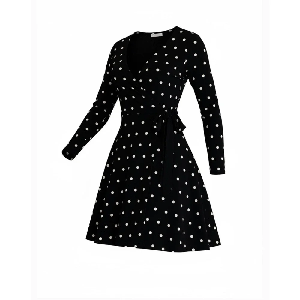 White House Black Market Black Polka Dot Long Sleeve Faux Wrap‎ Dress Size 16